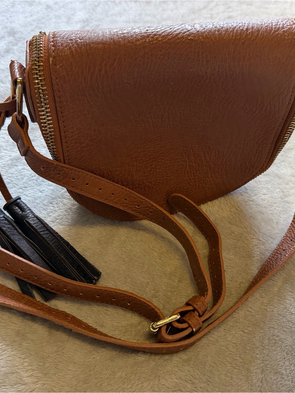 Free People Tan Leather Crossbody Bag with Tassel